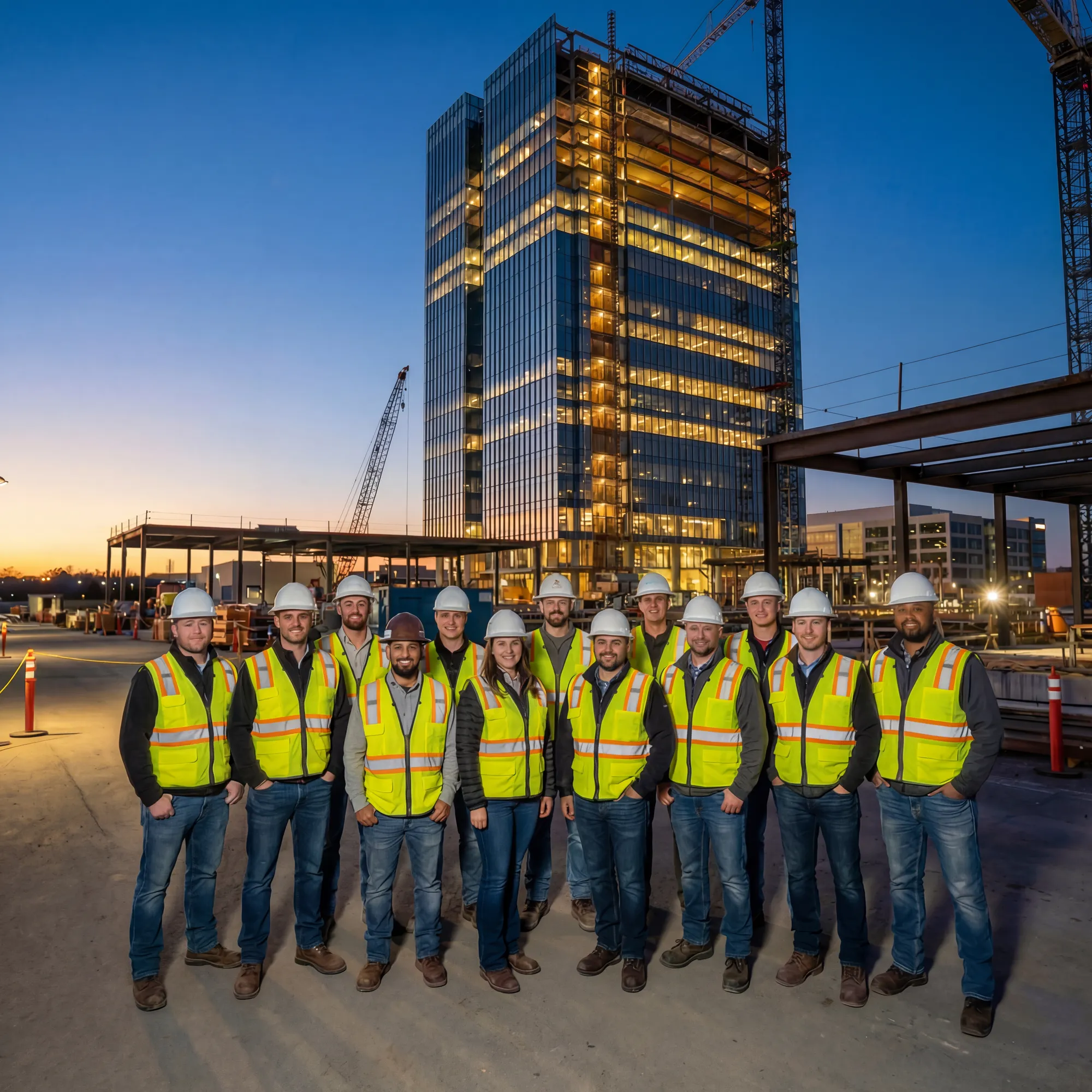 Professional electrical team at twilight construction site