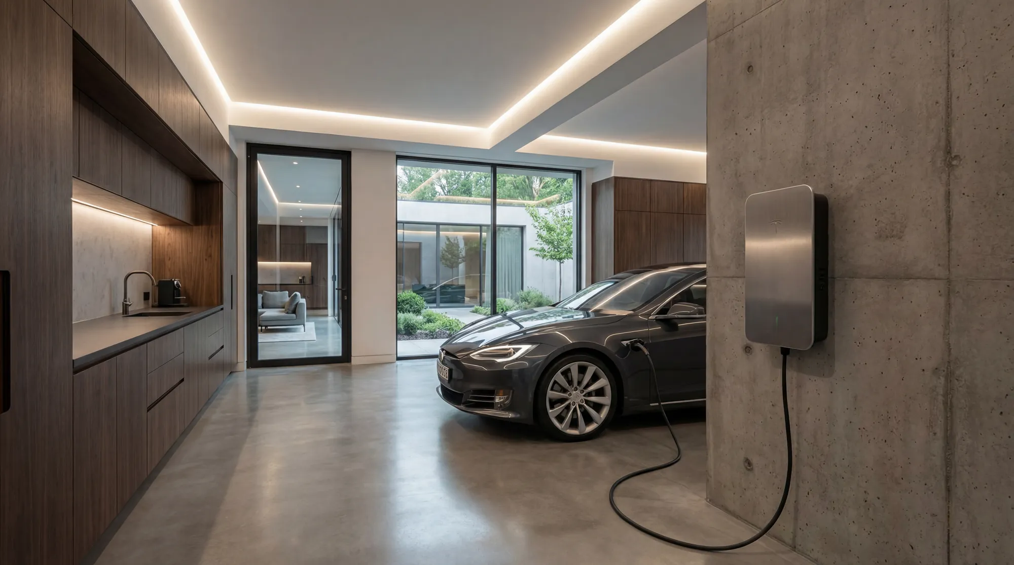 Tesla charging in high-end garage