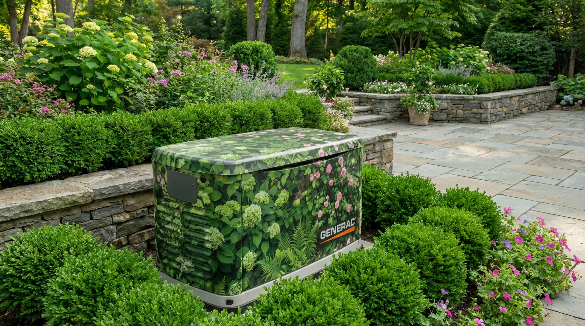 Camouflaged generator in garden